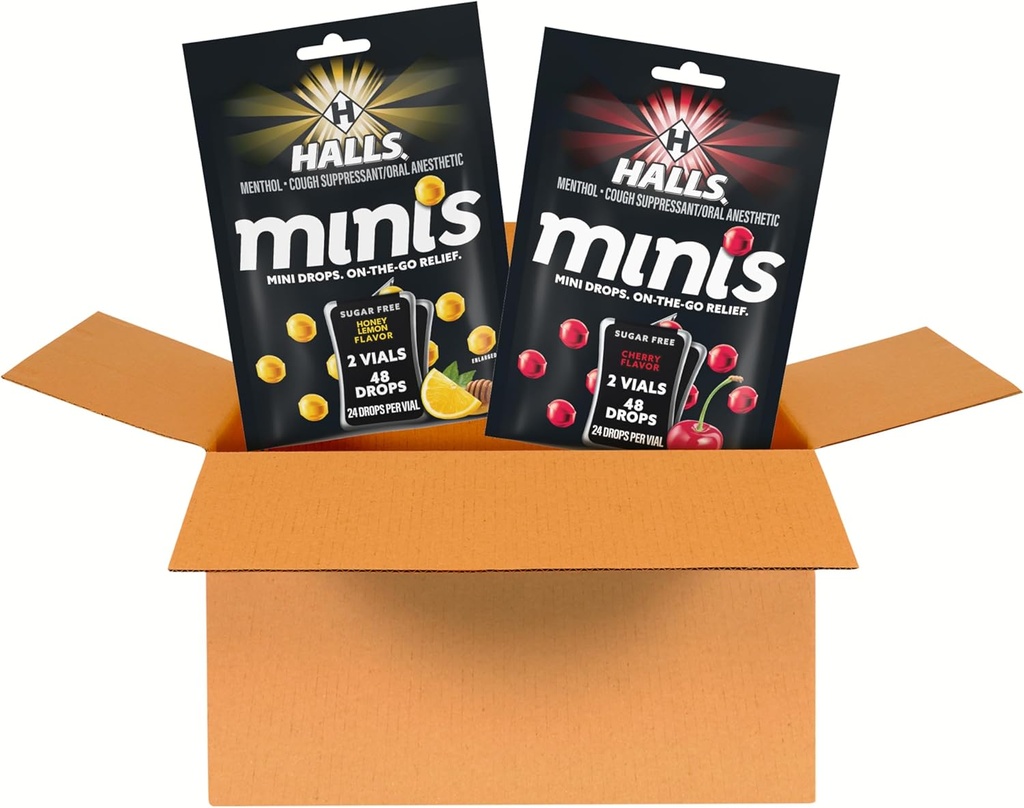 HALLS Minis Cherry and Honey Lemon Sugar Free Cough Drops Variety Pack, 2 Bags, 4 Packs (96 Total Drops)