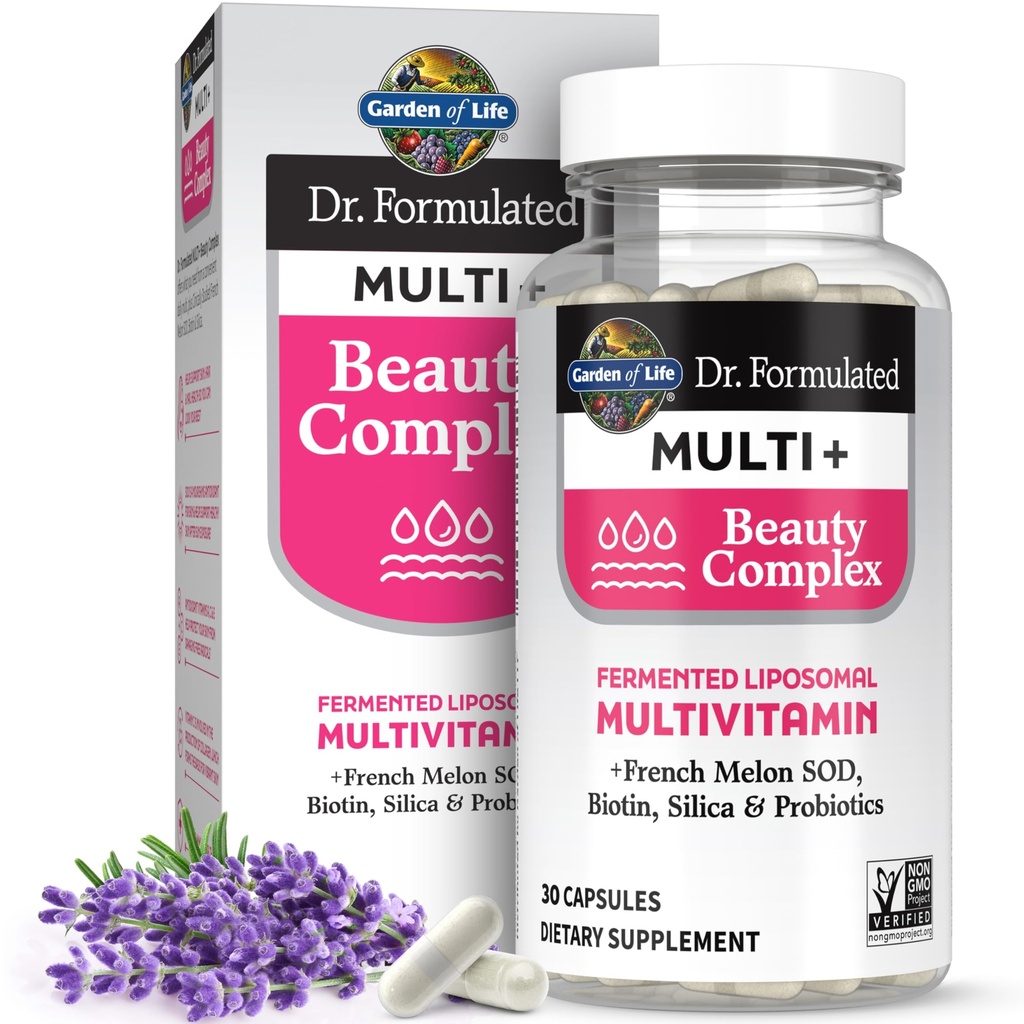 Garten des Lebens Dr. Formuliert Multi+ Beauty Complex Fermented Liposomal Multivitamin Plus Haar Haut und Nägel Vitamine, Französisch Melon SOD, Biotin & Probiotics, 30 Kapseln, Ergänzung für Frauen & Männer