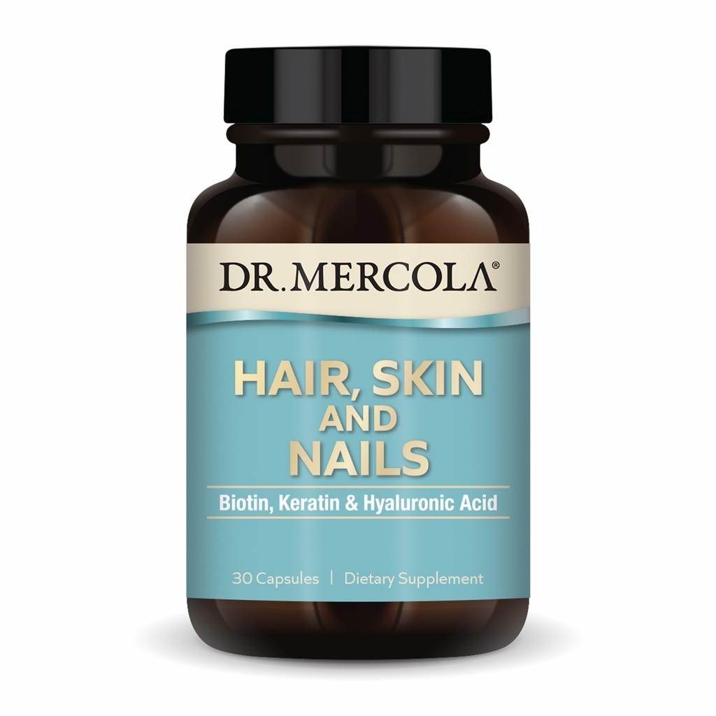 Dr. Mercola Haar, Haut und Nägel - Bietet Biotin, Keratin & Hyaluronsäure - Premium Qualität - Unterstützt gesundes Altern - Non-GMO, Gluten-Free & Soy-Free - 30 Kapseln (30 Portionen)