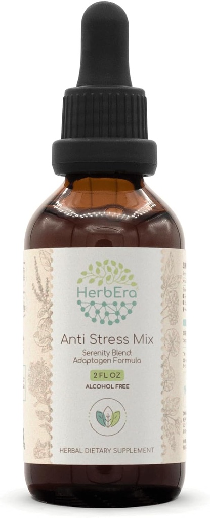 Anti-Stress-Mix B60 Alkoholfreie Extrakt-Tinktur, Eleuthero Root, Rhodiola Root, Schisandra Berry, Gotu Kola Herb, Heilige Basil Herb. Serenity Blend: Adaptogen Formel 2 Fl Oz