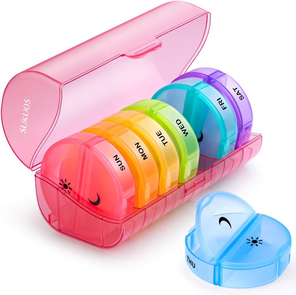 Sukuos Large Weekly Pill Organizer 2 Mal pro Tag, Tägliche Pille Box 7 Tage einfach mit Doppelschutz, AM PM Pillen Fall für Medizin/Vitamin/Fish Oil/Supplements (Red)