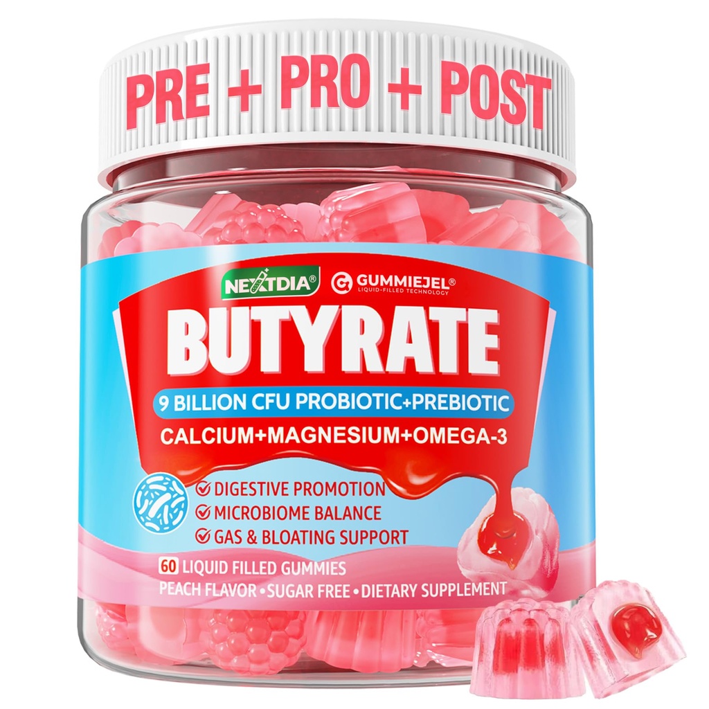 Butyrate Gummie mit Probiotic + Prebiotic + Postbiotic, Omega-3 500mg,Fiber mit 9 Billion CFU Probiotics, Calcium & Magnesium, Inulin,Psyllium Husk für Verdauungs-Gesundheit,Bloating Support,Sugar Free