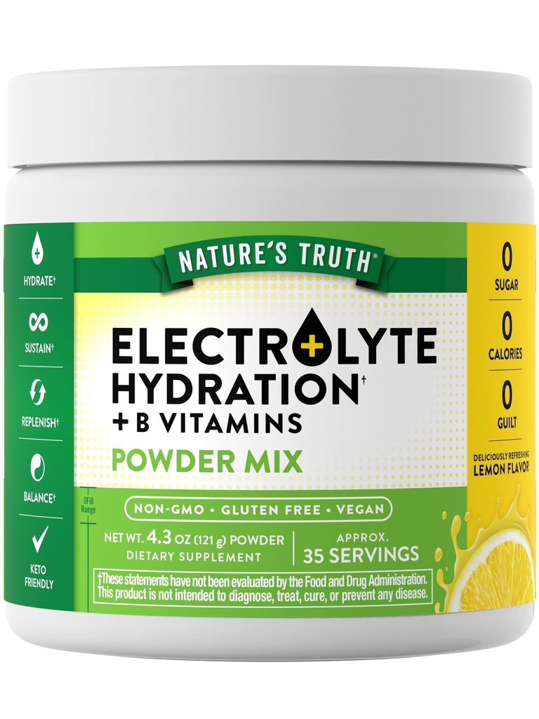 Nature's Truth Electrolytes Pulver | Kein Zucker | mit B Vitaminen | Refreshing Lemon Flavor | Vegan, Non-GMO & Gluten Kostenlose Ergänzung für Hydration