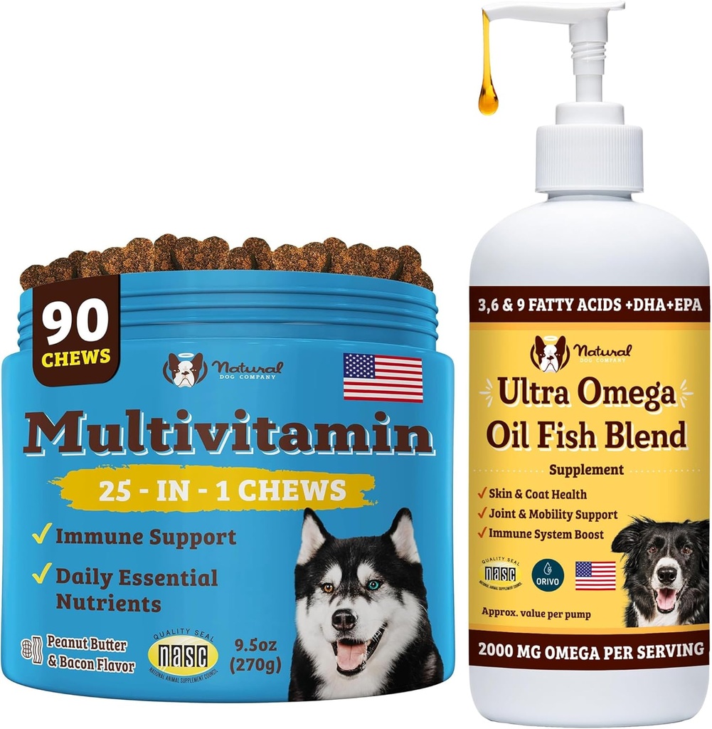 Natural Dog Company Multivitamin Chews und Ultra Omega Öl für aktive Hunde - Nährstoff-Rich Hundebäume mit Omega-3 und essentiellen Vitaminen, unterstützt kognitive Gesundheit und allgemeine Vitalität für alle Rassen