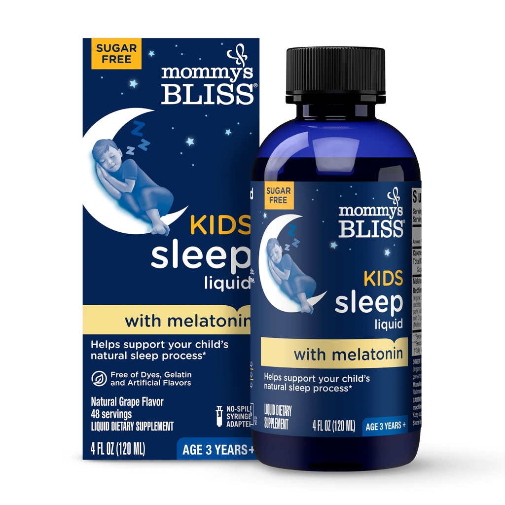 Mommy's Bliss Kids schlafen flüssig mit Melatonin & Calming Herbs | Melatonin für Kinder 3 Jahre & Up | Traubengeschmack | Zuckerfrei | 4 Fl Oz (60 Portionen)