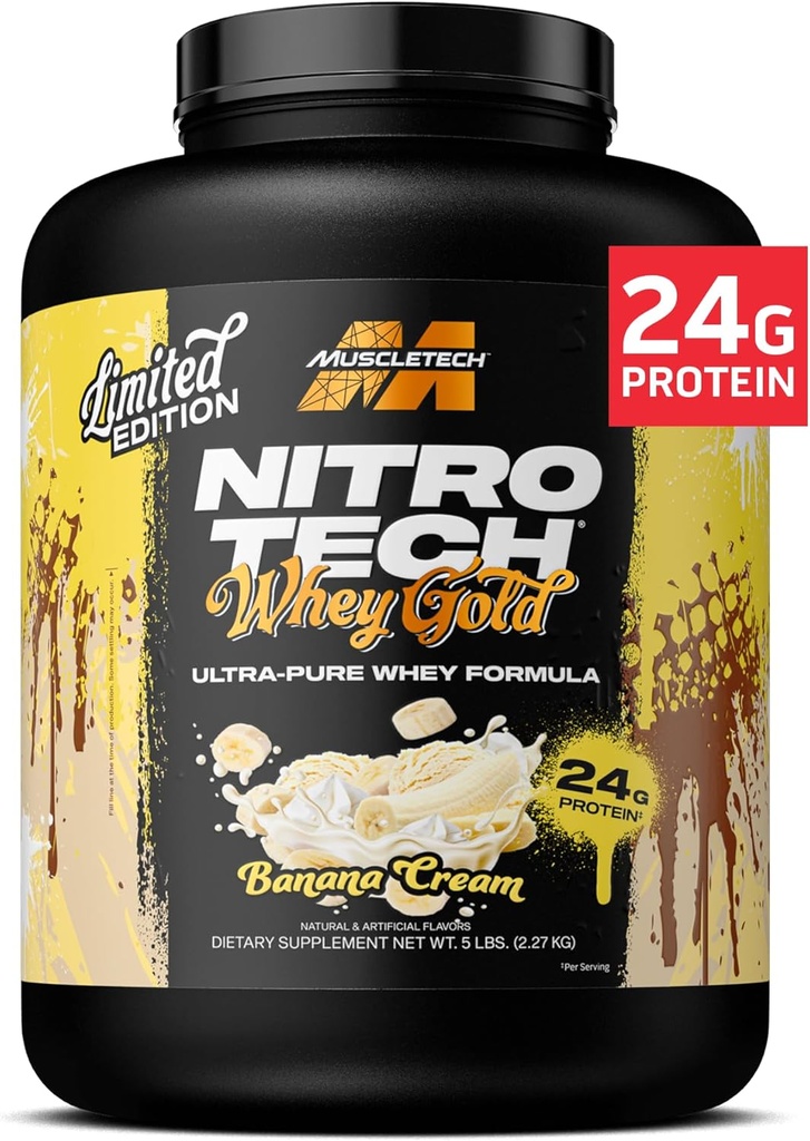 MuscleTech Whey Protein Powder (Banana Cream, 5LB) - Nitro-Tech Whey Protein Isolate Smoothie Mix für Lean Muscle & Fast Recovery - 24g Whey Gold Protein für Damen und Herren - Glutenfrei