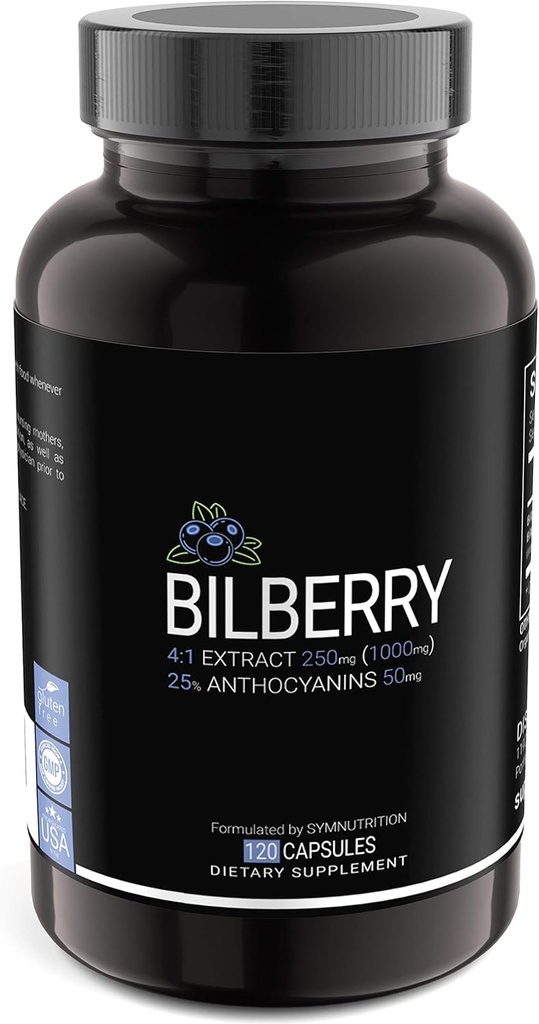 SYMNUTRITION Bilberry Extract 1000mg, 25% Anthocyanins 50mg - 120 Count (V-Capsules) / 120 Servierungen; European Blueberry: Hergestellt in einer cGMP-Registered Facility in USA; Vegan & Gluten Free