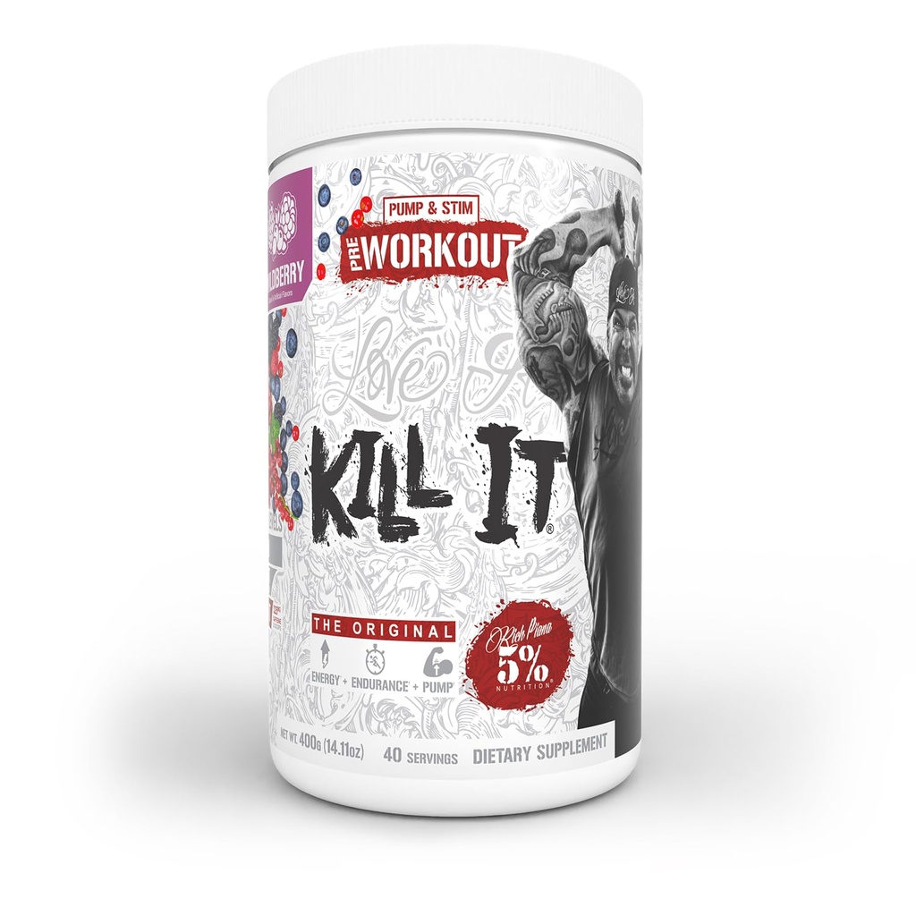 5% Ernährung Rich Piana Kill It Pre Workout Powder w/Creatine, Koffein, Beta Alanine, Hydroprime Glycerol für Pumpe, Stärke, Ausdauer | 14.11 oz, 40 Srvgs (Wildberry)