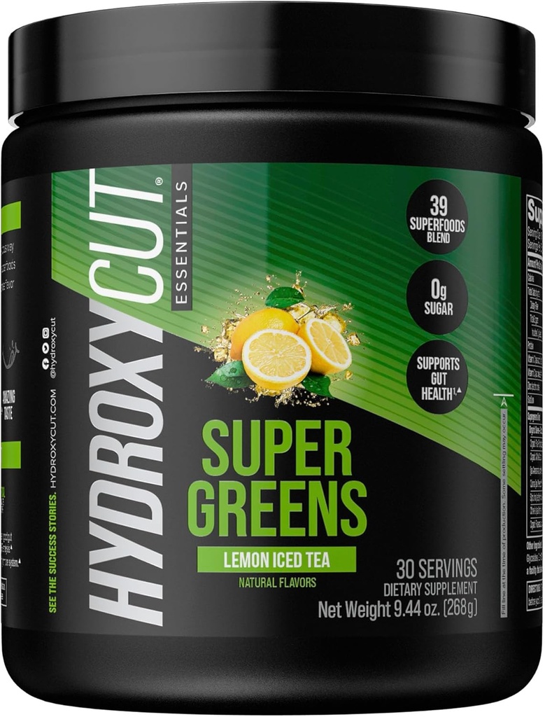 Hydroxycut Essentials Super Greens | 39 Superfoods Blend, Früchte, Veggies & Getreide, Vitamin C & Zink für Immununterstützung, Probiotics & Prebiotics und Gut Health Support. 30 Servierungen (Lemon Iced Tea)
