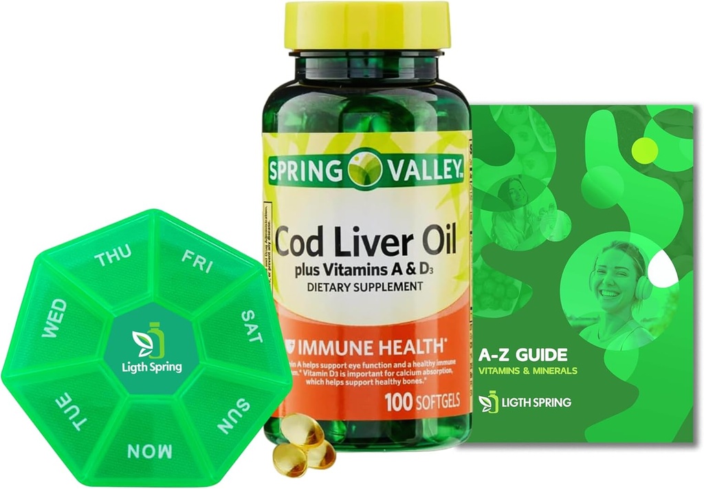 Spring Valley Cod Liver Oil Plus Vitamine A & D3, 100 Softgele, Unterstützung Augenfunktion und eine gesunde, Bundle mit Vitaminen & Minerals Ligth&Spring Guide