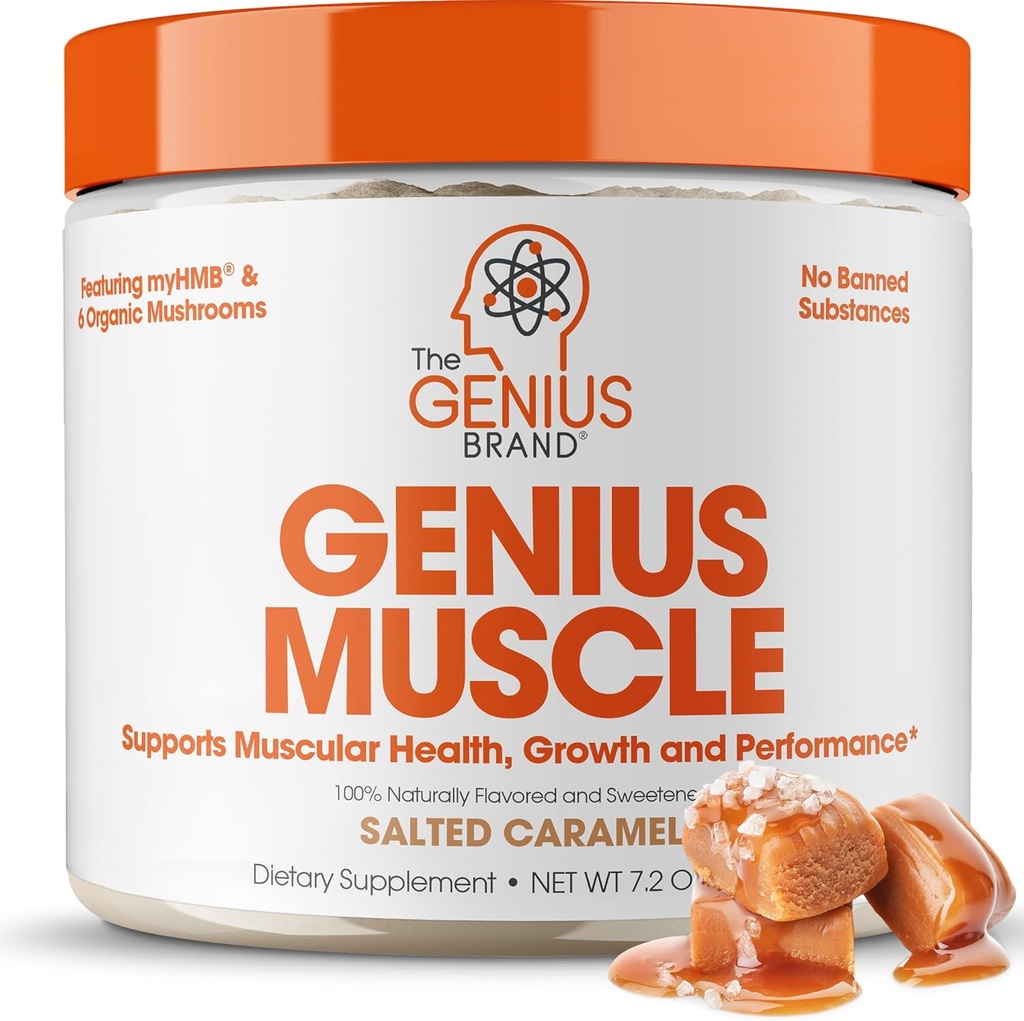 Die Genius Marke Genius Muscle - Muskel-Gesundheitsergänzung für Wachstum, Endurance & Recovery - Non-Hormonal Formula - 6 Organische Pilze - Natürlich-gesüßt - 30 Servierungen - Gesalzene Karamel