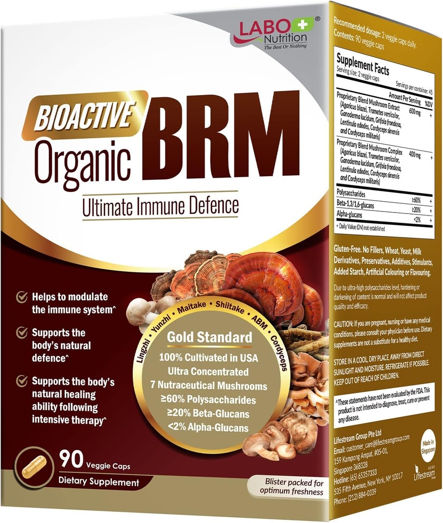 LABO Nutrition Bioactive Organic BRM - Advanced Immune Support & Maintain Natural Killer Cell Activity; 6 Therapeutische Pilze Lingzhi, Yunzhi, Maitake, Shiitake, Agaricus Blazei Murill & Cordyceps
