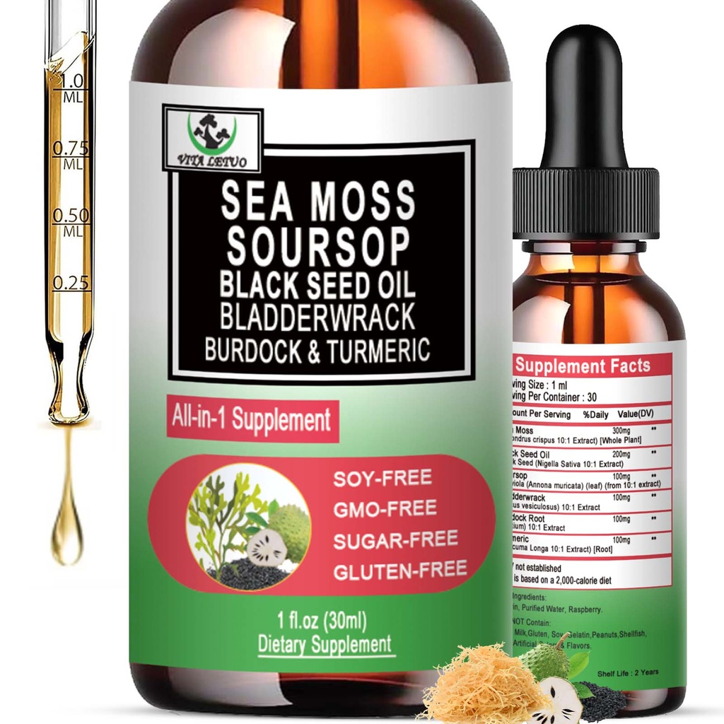 Sea Moss Black Seed Oil Soursop Liquid Drops mit Bladderwrack Burdock Root Turmeric - Multimineral & Vitamins Superfood Drops Organic Non-GMO für Immun- & Verdauungs- & Zellunterstützung Hauthaar