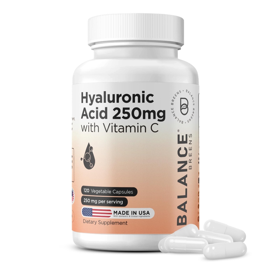 Reine Hyaluronsäure Ergänzung 250mg mit Vitamin C 50mg, 120 Vegan Kapseln - Haut Hydration für natürliches Glow, Haar, Nägel, Knochen & Gelenkgesundheit Formel