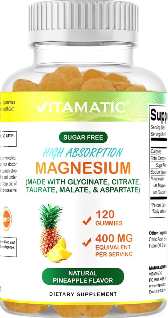 Vitamatic Sugar Free Magnesium Gummies - (Made with GLYCINATE, Citrate, TAURATE, Malate, & ASPARTATE) - 400 mg pro Servierung - 120 Gummie - fördert gesunde Entspannung, Muskel, Knochen, & Energieunterstützung