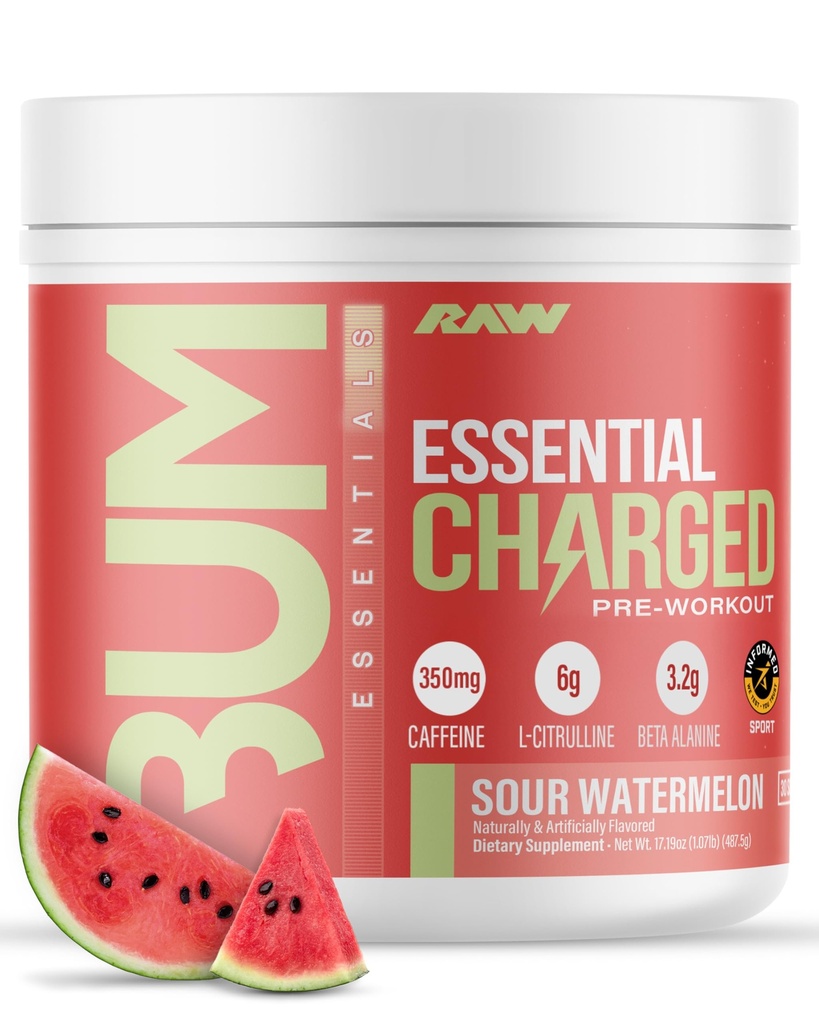 RAW Pre-Workout Powder, Essential CHARGED (Sour Watermelon) - Preworkout Supplement für Männer und Frauen - Unterstützt Fokus, Stimmung & Performance - Koffein, Alpha-GPC, L-Citrulline, Beta Alanine (25 Servietten)
