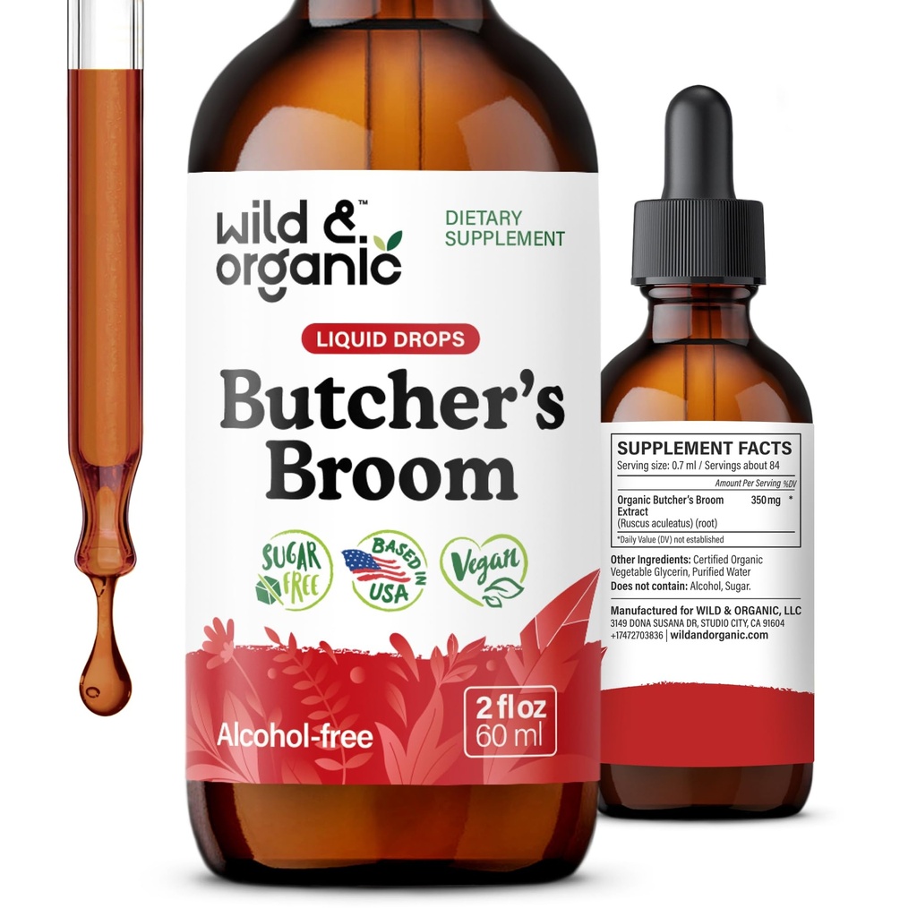 Wild & Organic Butchers Broom Root Drops - Flüssige Ergänzung für Beinunterstützung - Alkoholfreie Fleischerbesen Tinktur - Ruscus Aculeatus Kräuter - Vegan, Non-GMO, kein Zucker - 2 fl oz