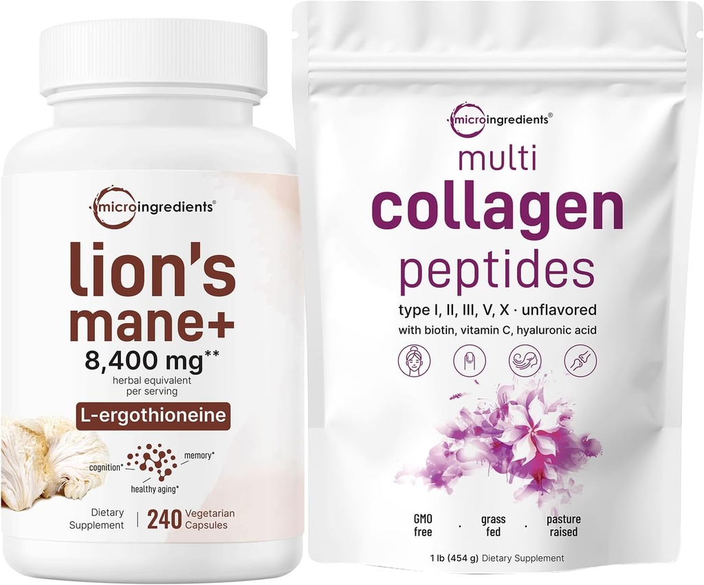 Micro Ingredients Multi Collagen Protein Powder 16oz & Lions Mane Supplement 240 Veggie Kapseln Bundle 2 Pack | Grass-Fed Collagen Peptides | Superfood Pilz Antioxidantien mit L-Ergothioneine
