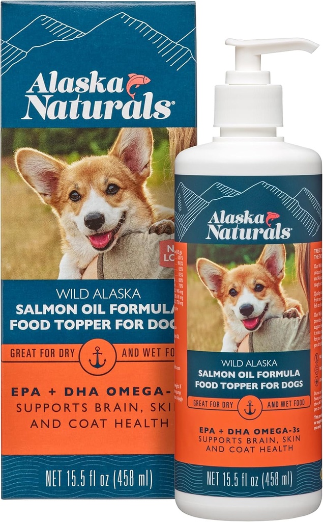 Alaska Naturals – Wild Alaska Salmon Oil Formula Dog Food Topper – EPA und DHA Omega-3 - Supplement für Gesunde Haut, Shiny Coat – Made in the USA – 15.5 oz. Pumpe Flasche