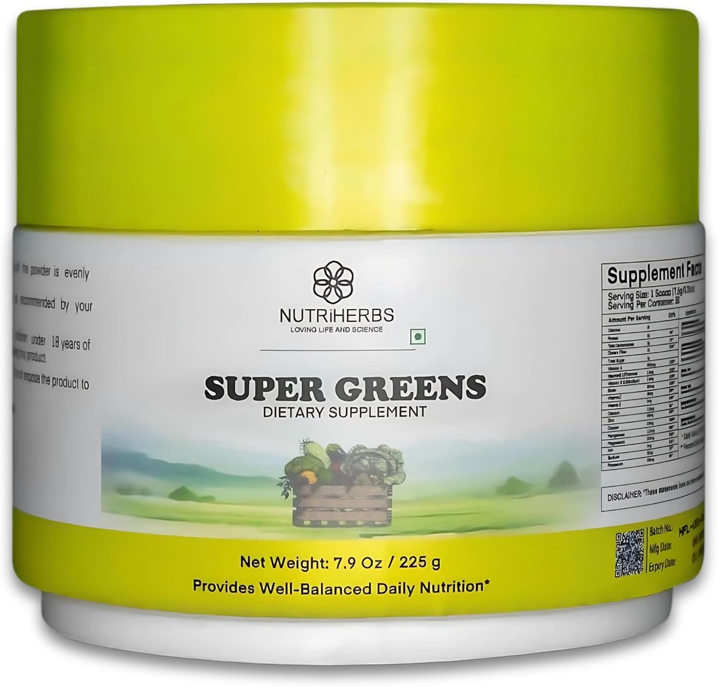 Nutriherbs Super Greens Powder - 225g | 33 Nährstoff-Rich-Fruchten, Gemüse und Probiotika für Enhanced Energy, Immunity & Digestion | Leistungsstarke grüne Superfood-Pulver | 30 leckere Servierungen