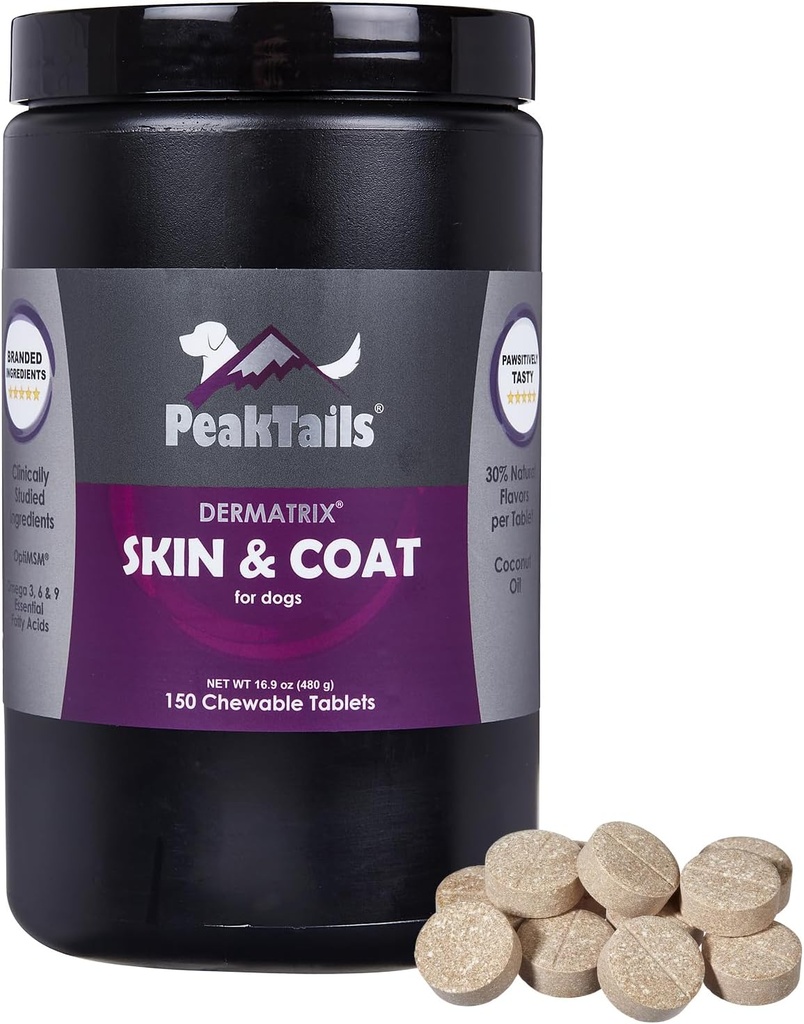 Kala Health PeakTails Skin & Coat Unterstützung für Hunde – 150 Kautabletten mit MSM, Fish Oil, Omega-3 & Omega-6 – Unterstützt gesunde Haut, Shiny Coat