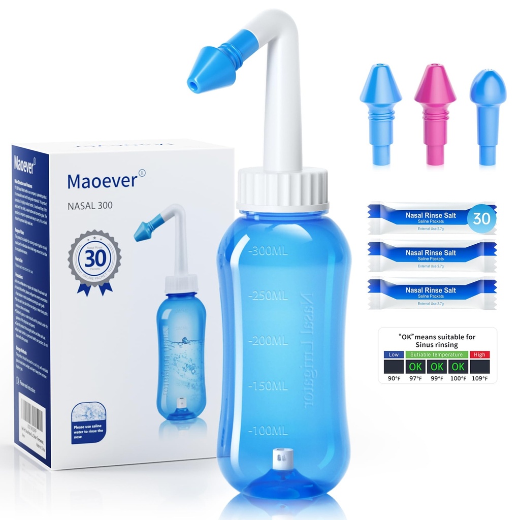 MAOEVER Neti Pot Sinus Rinse Bottle Nose Wash Cleaner Druck Rinse Nasal Bewässerung für Erwachsene & Kind BPA Free 300 ML mit 30 Nasal Wash Salt Packets und Aufkleber Thermometer(blau)