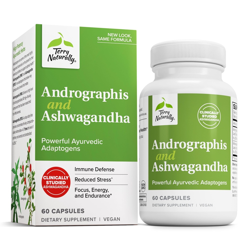 Terry Naturally Andrographis and Ashwagandha - Immunsystemunterstützungsergänzung - Unterstützung von Energie & Gesunde Stressreaktion - Energieunterstützungsergänzung - 60 Kapseln (60 Servietten)