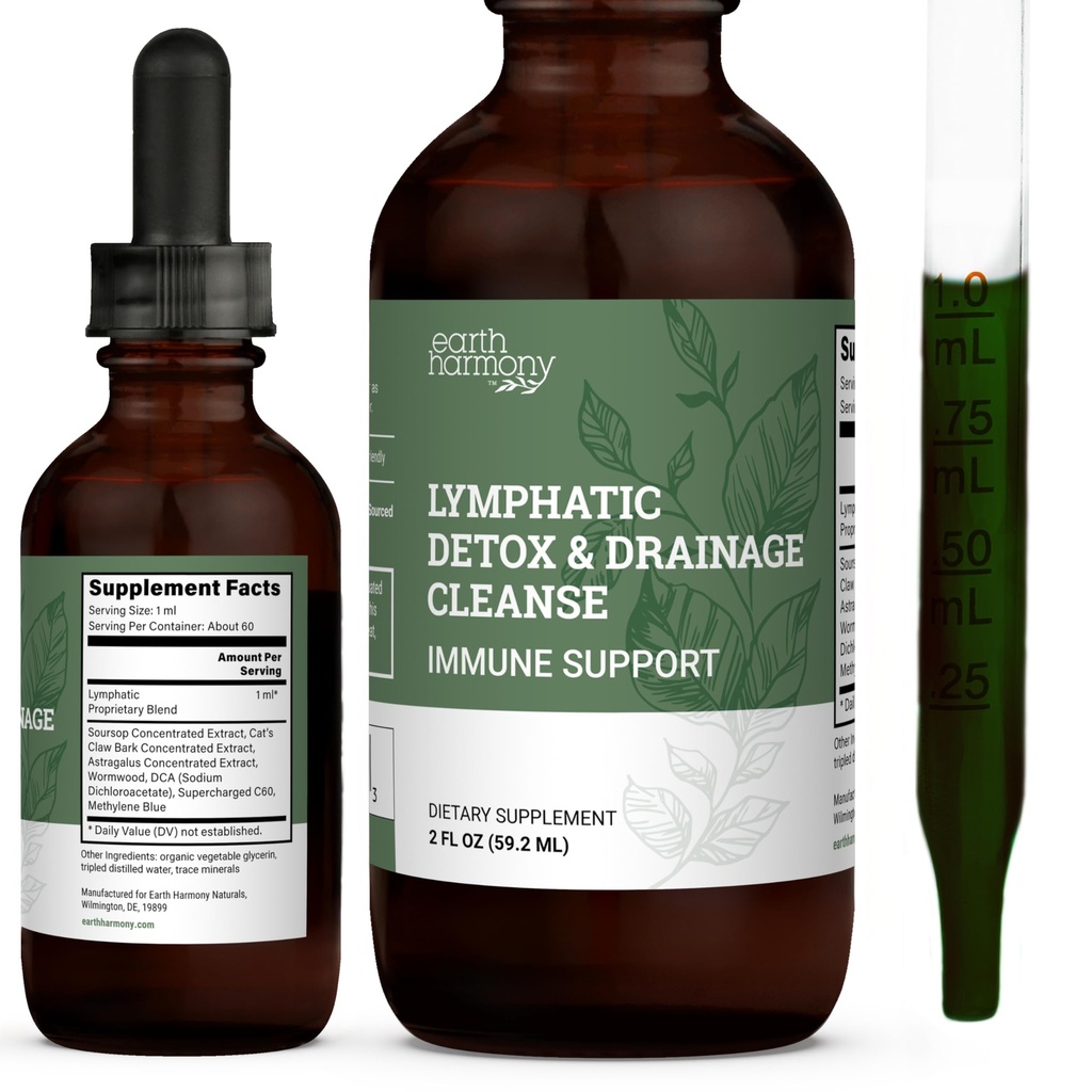Earth Harmony Lymphe Drainage Tropfen, Lymphe Detox - Ergänzung mit Soursop, Cat's Claw Bark, Astragalus, Wormwood, Lymphe Node Detox, Lymphatic Support Cleanse (2 Oz)