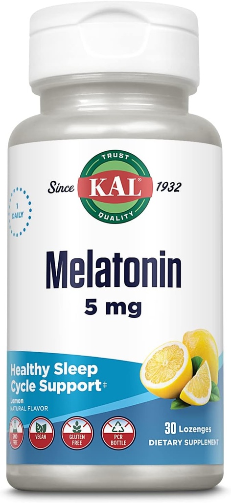 KAL Melatonin 5mg Schlafhilfe Lozenges, Melatonin-Ergänzung unterstützt Schlafqualität, beruhigende Entspannung und einen gesunden Schlafzyklus, mit Zusatz von Vitamin B6, Vegetarisch, natürlichem Zitronengeschmack, 30 Lozenges