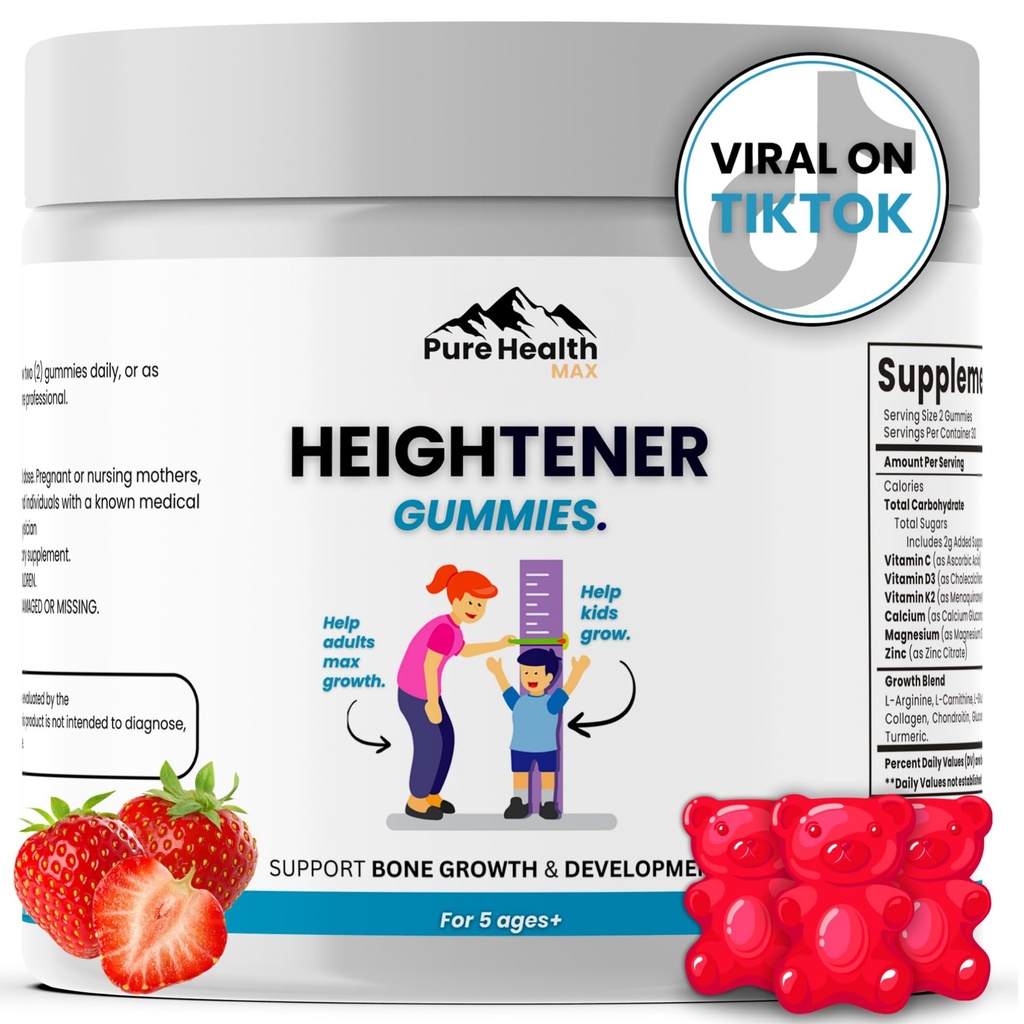 Heightener Gummies - Natural Height Growth Supplement für Kinder, Jugendliche und Erwachsene, um die Knochenstärke zu erhöhen und groß zu werden | Height Maximizer Pillen mit L-Arginin, Kalzium & Zink | 60 Gummy