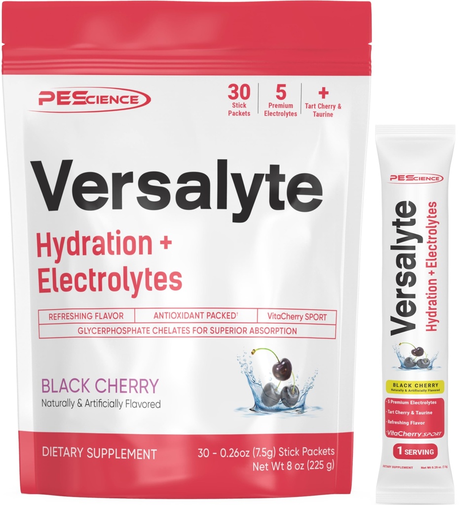 PEScience Versalyte Elektrolyt Hydration Packets, Zuckerfreies Elektrolytpulver mit Magnesium, Taurin, Antioxidantien, Trace Minerals - Schwarze Kirsche, 30 Portionen