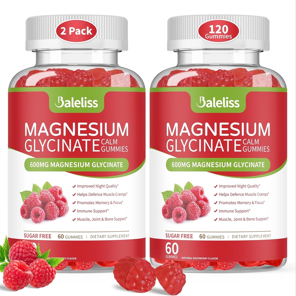 Magnesium Glycinate-Gummien 600mg, Sugar Free Chewable Magnesium Glycinate mit Vitamin D, B6 und CoQ10 Support Schlaf, Entspannung, Stress Relief und ruhige Stimmung für Erwachsene 120 Gummi (2 Pack)