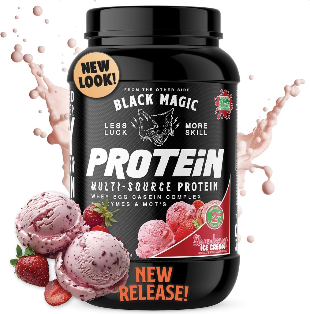 Black Magic Protein Powder - New Look - Whey, Egg und Casein Complex mit Enzymen & MCT Powder - Pre Workout und Post Workout - Erdbeere Ice Cream Protein Powder - 24g Protein - 2 LB...
