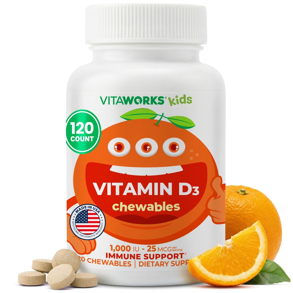 Kinder Vitamin D 1000 IU Kautabletten - Tasty Natural Orange Flavor - Vegan, GMO-frei, Glutenfrei, Nußfreie Vitamine - Nahrungsergänzungsmittel für Immununterstützung - für Kinder - 120 Chewables
