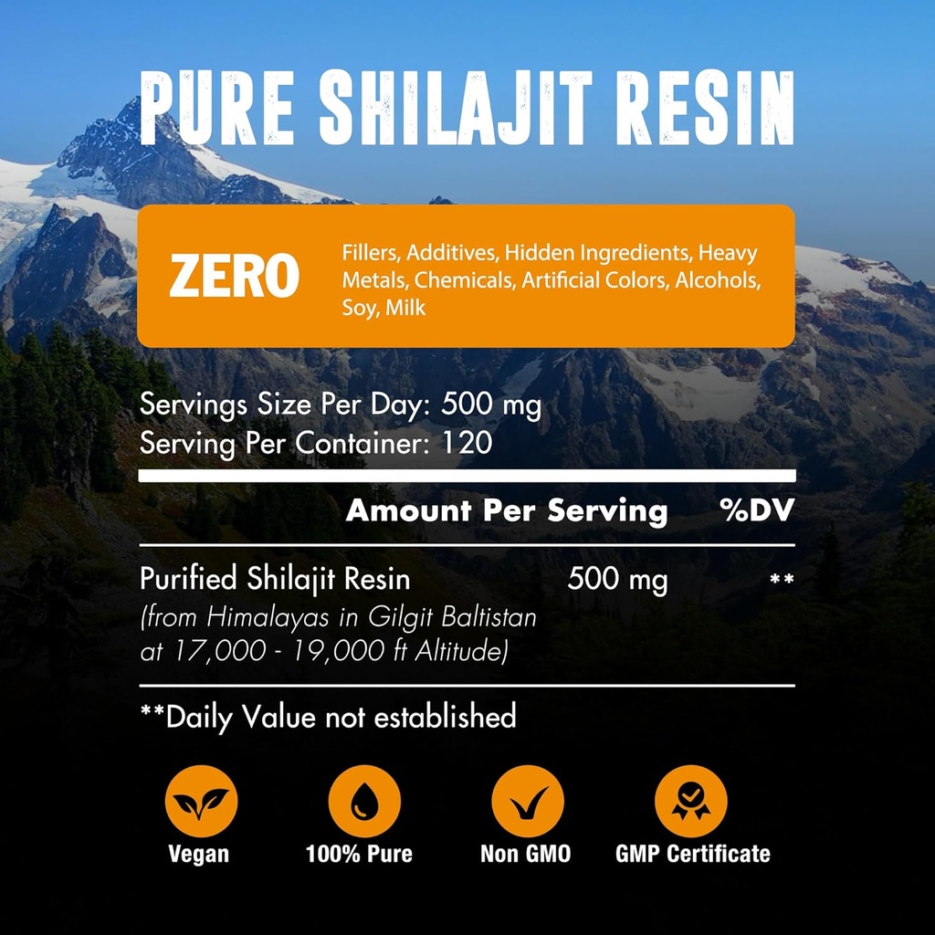60.000 MG Shilajit Pure Organic Resin - 65% Fulvic Acid & 85+ Trace Minerals, 120 Portionen - Erwachen Sie Energie Booster & Support Immune, Enhance Overall Health & Brain Booster - Sugar Free