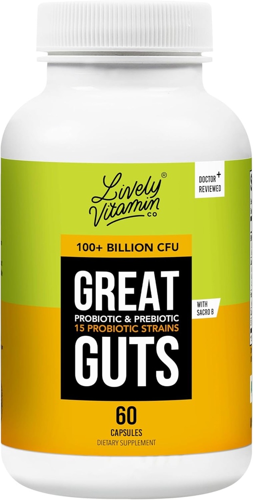 LIVELY VITAMIN CO. Great Guts Probiotic - 100 Billion CFU Probiotic - Balance Gut Microbiome, GI Tract, Entzündung, Verdauung, Reflux, Upset Stomach, & Durchfall - 60 Caps