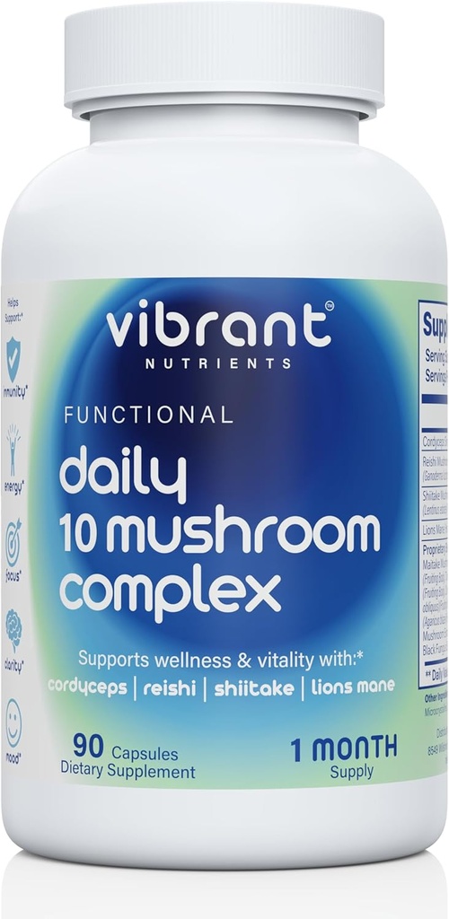 Daily 10 Mushroom Complex – Lions Mane, Reishi & Cordyceps – Immune Booster - Nootropic Brain Supplement - Natural Energy & Stress Relief – Gluten Free & Non-GMO - 90 Veggie Capsules
