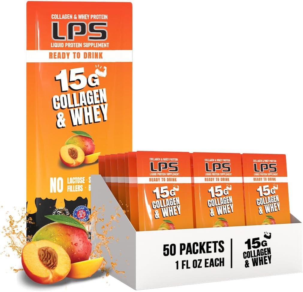 Ernährungsdesigns LPS Liquid Collagen & Whey Protein Supplement - Non-GMO Drink, Sugar-Free - Fördert gesunde Haut und Haar für Männer & Frauen, Peach Mango, Single Serve (50 Packets)