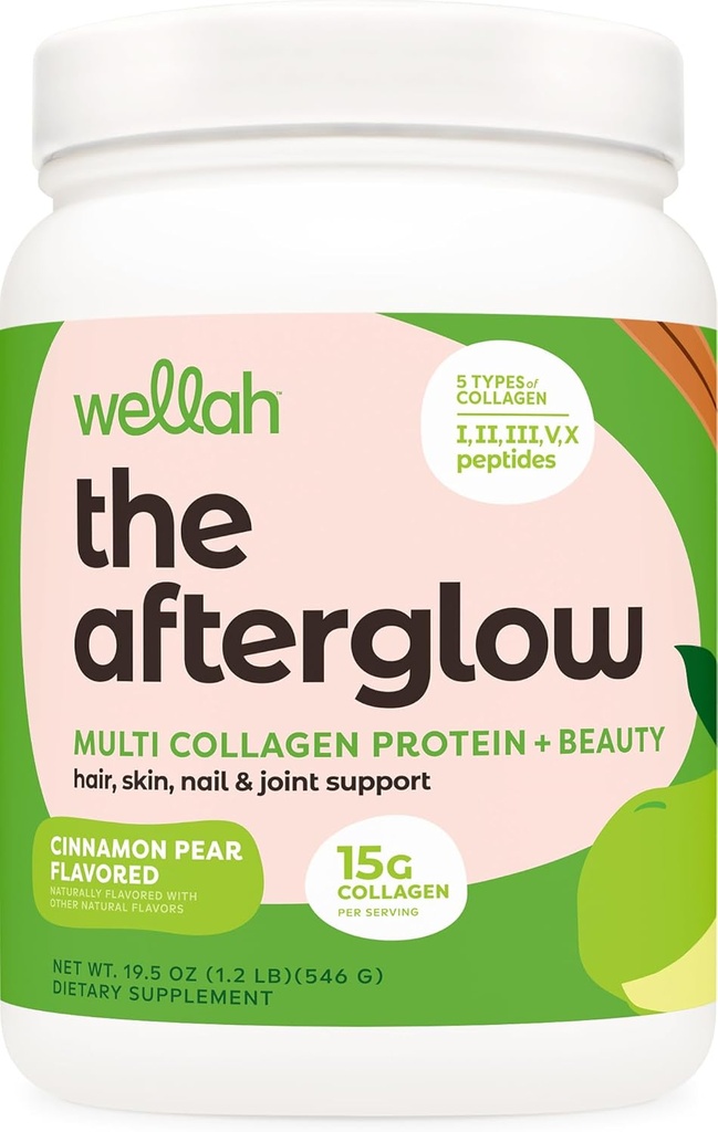 Wellah The Afterglow Multi Collagen Protein + Beauty (30 Servierungen, Cinnamon Pear) - Haar, Haut, Nagel & Gelenkunterstützung - Non-GMO und Glutenfrei