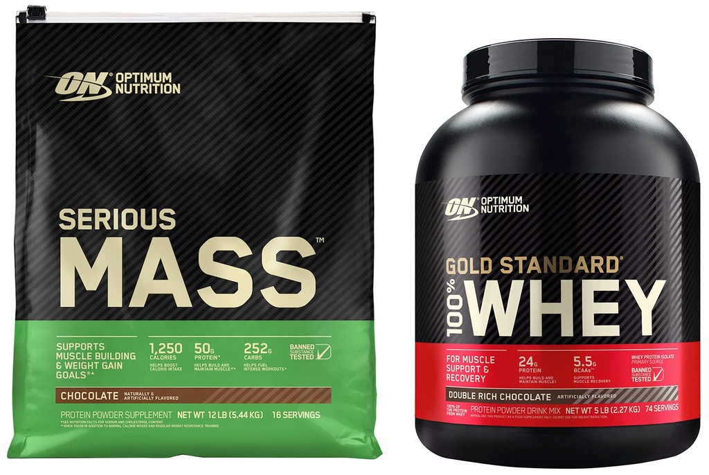 Optimum Nutrition Serious Maß Weight Gainer Protein Powder & Gold Standard 100% Whey Powder, Double Rich Chocolate, 5 Pound (Packaging May Vary)