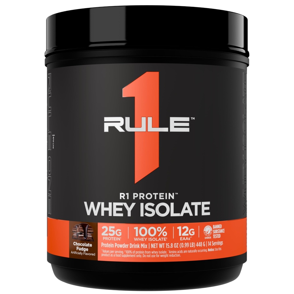 Regel 1 R1 Protein Whey Isolate - mit 25g Protein & 6g BCAA Exklusiv von isolierten & hydrolysierten Quellen für Workout Recovery (1 Pfund*, Chocolate Fudge)