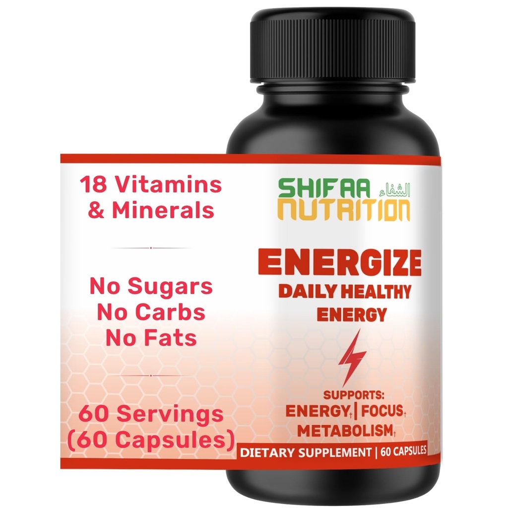 SHIFAA NUTRITION Energize, Natürliche tägliche Energie Vitamine | Jitter-frei, 60 Portionen | Unterstützt Fokus, Stimmung, Gehirn, Stoffwechsel | w/Koffein & Taurine, B1, B2, B5, B6, B7, B9, B12 Halal Vitamine