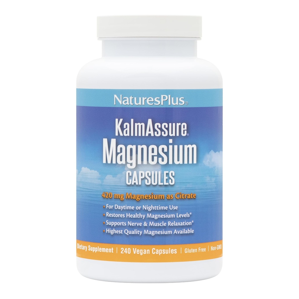Natures Plus KalmAssure Magnesium - 240 Vegan Kapseln - Hochverfügbares Magnesium Citrat - Unterstützt Nerve & Muskelentspannung - 60 Portionen