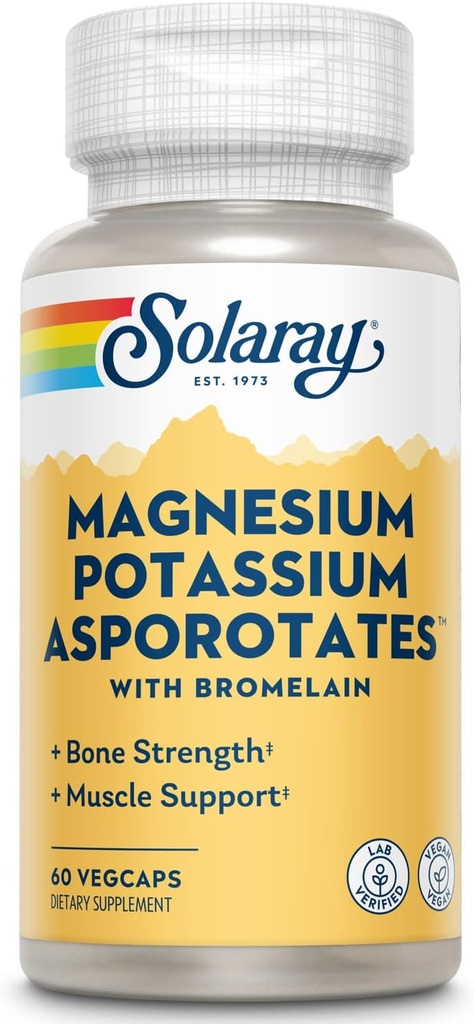 Solaray Magnesium und Kalium Asporotates w/Bromelain, Gesunde Elektrolyt, Muskel, Herz & Zelluläre Unterstützung, 60 VegCaps