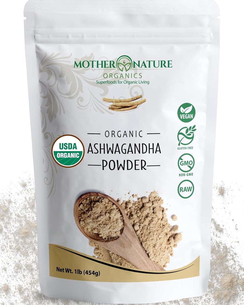 USDA Organic Certified Ashwagandha Powder, 100% Pure, Raw, Leistungsstarke Adaptogen Kräuterergänzung - Non-GMO, Vegan, Gluten-Free (1lb Bag)