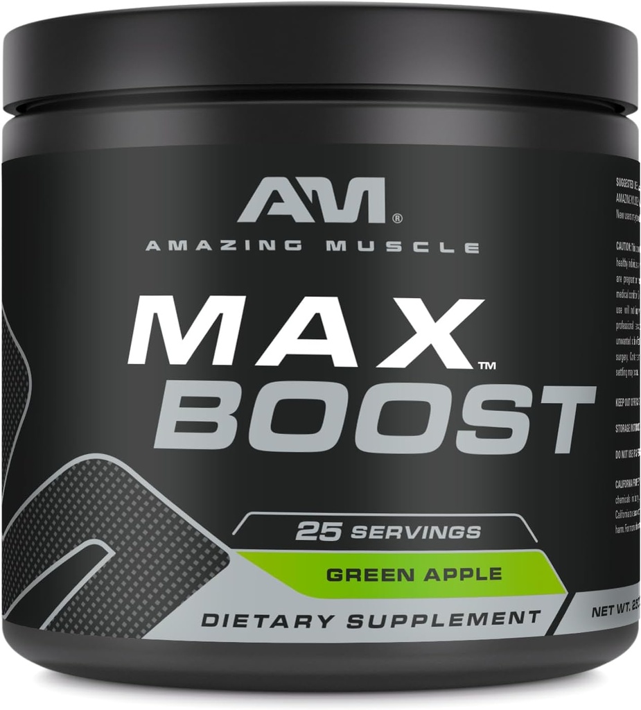 Erstaunliche Muskel Max Boost | 25 Portionen | Intensive Pre-Workout Ergänzung für Männer & Frauen | Enthält Kreatin Monohydrat, Koffein, Beta-Alanin, Betaine (25 Servierungen, Grüner Apfel)