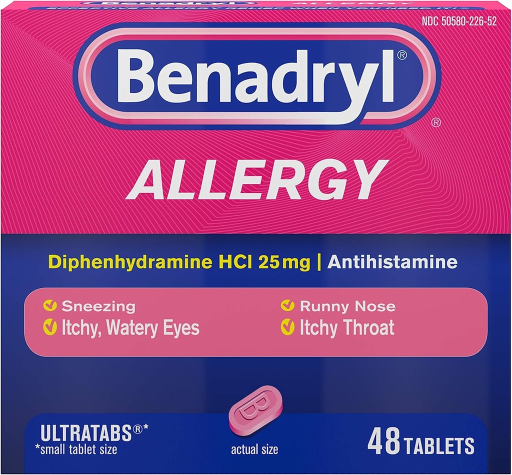 Benadryl Ultratabs Antihistamine Allergy Medicine, Diphenhydramine HCl Tablets, 48 ct