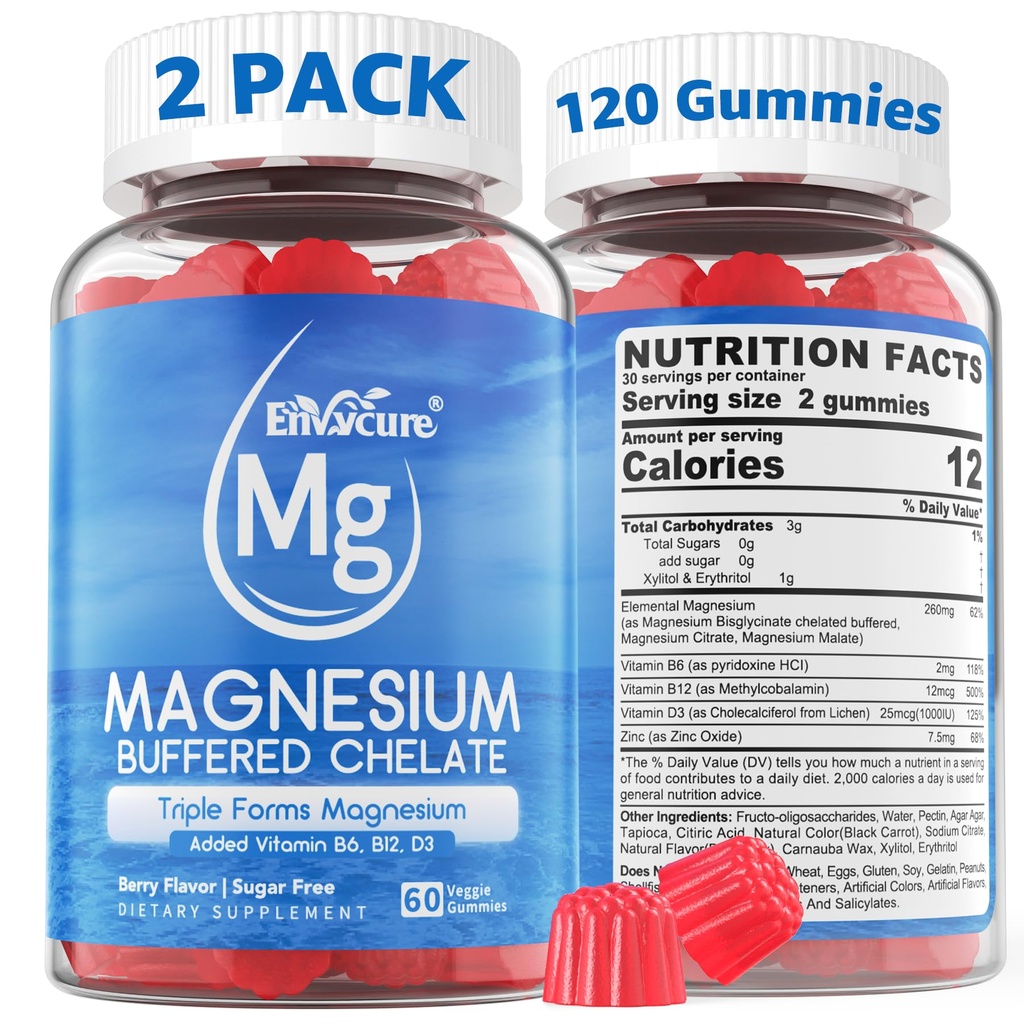 Magnesium-Gummien - Triple Magnesium Complex, Magnesium-Glycinat-Gummien | Magnesium-Glycinat, Malat, Citrat w/ D3 B6 B12, für Kalm, Schlaf & Muskel-Kranb | Hohe Absorption | Vegan, 2 Pack
