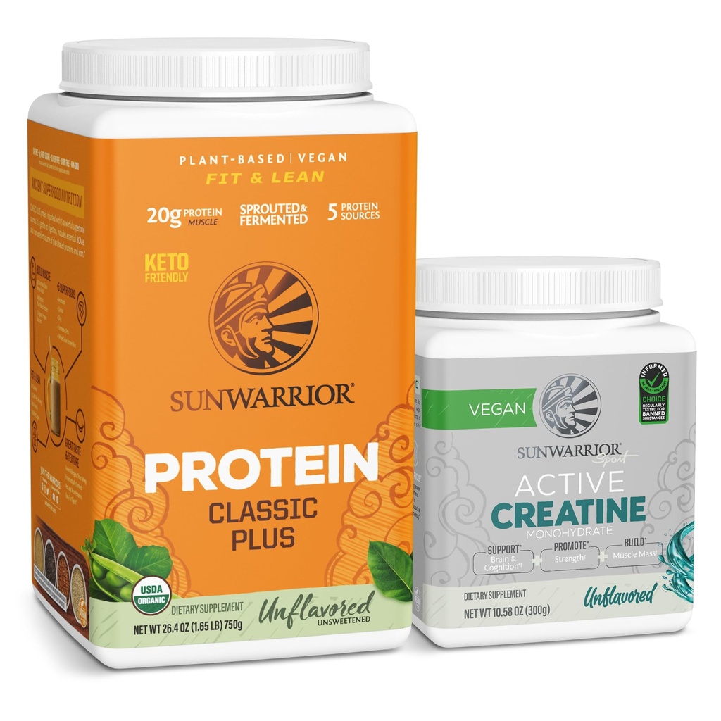 Sunwarrior Vegan Protein Pulver | Unflavored, 30 Servierungen & Kreatin Monohydrat Pulver | Unflavored, 60 Servierungen