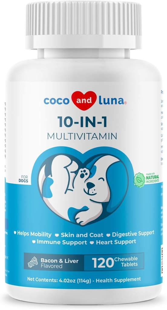 10 in 1 Multivitamin für Hunde - 120 Kautabletten mit Glucosamin und Chondroitin - Fischöl & Vitamine mit Coq10 für Haut & Herz Gesundheit, Gut & Immununterstützung